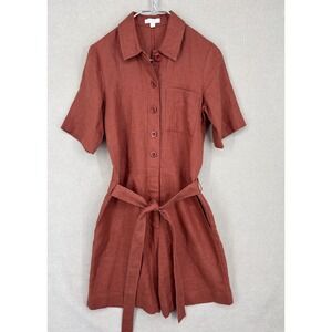 COS Jumpsuit Womens 32 Orange Linen Short Button Up Romper Tie Waist